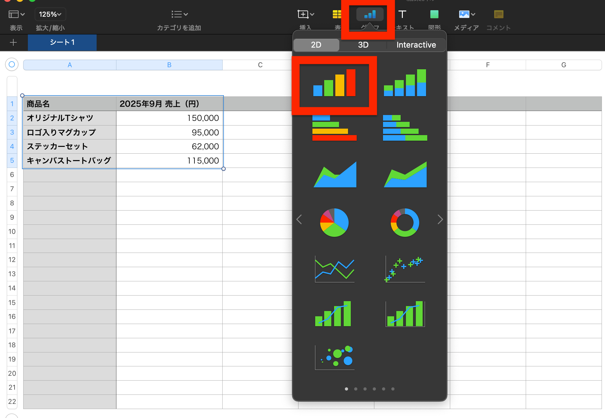 作成できるグラフの種類一覧が表示されるので、今回は「2D縦棒」を選択 作成できるグラフの種類一覧が表示されるので、今回は「2D縦棒」を選択